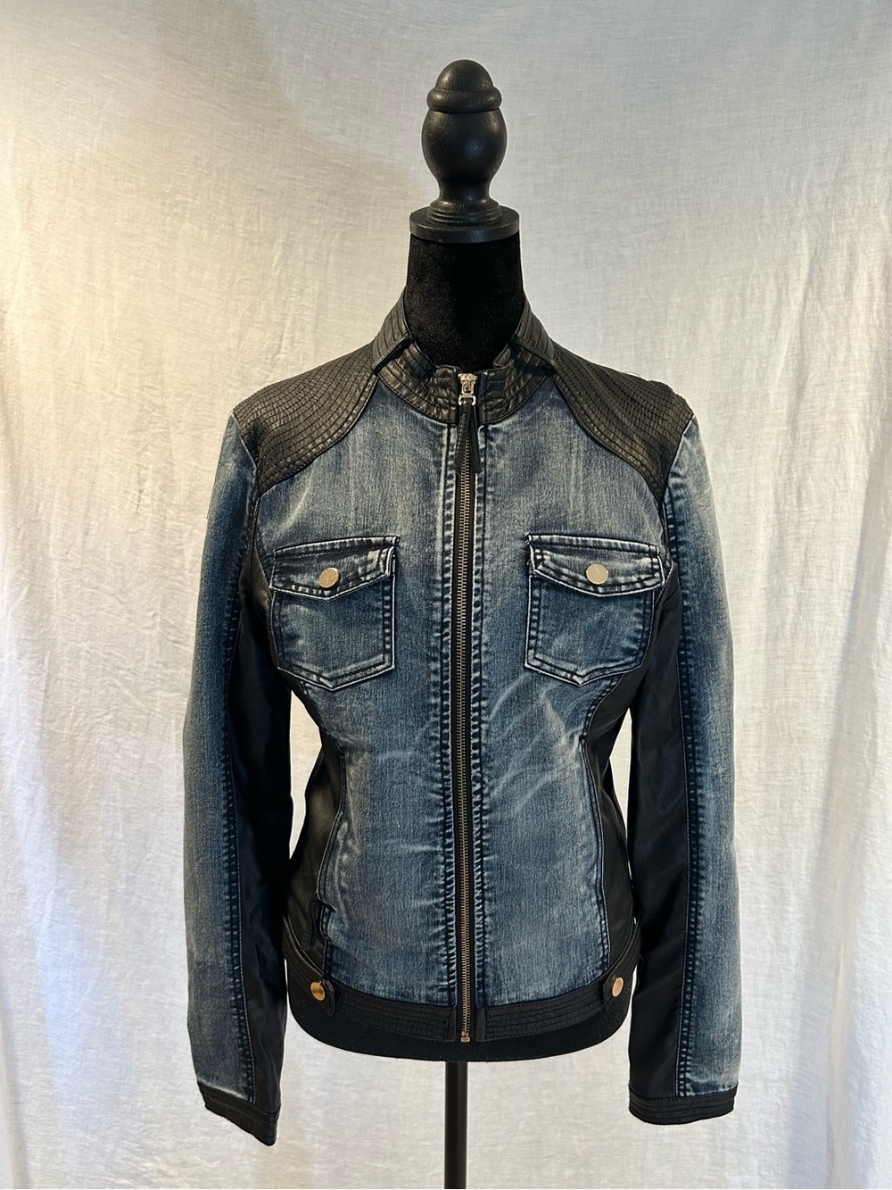 Washed Blue Denim Jacket with Black Trim - Women's Moto Style size S